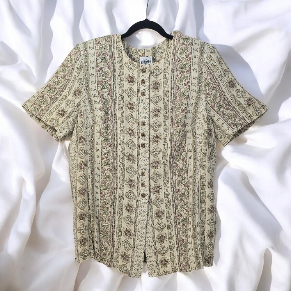 R & M Richards Vintage Paisley Floral Button Up‎ Blouse Green Tan Plus Size 20W